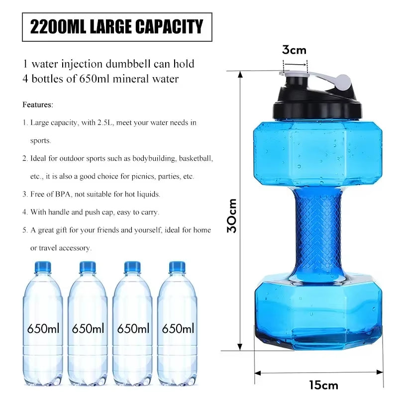 Botella de agua con mancuernas, alta capacidad, 2 litros, gimnasio, levantamiento de pesas, botella deportiva, taza espacial creativa, botella de agua para hombres